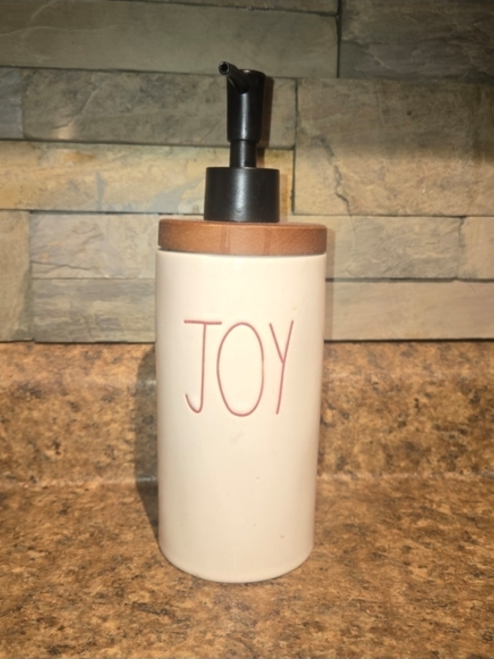 Rae Dunn Joy Ceramic Soap Dispenser in Cream with Black Pump and Wood-Style Top